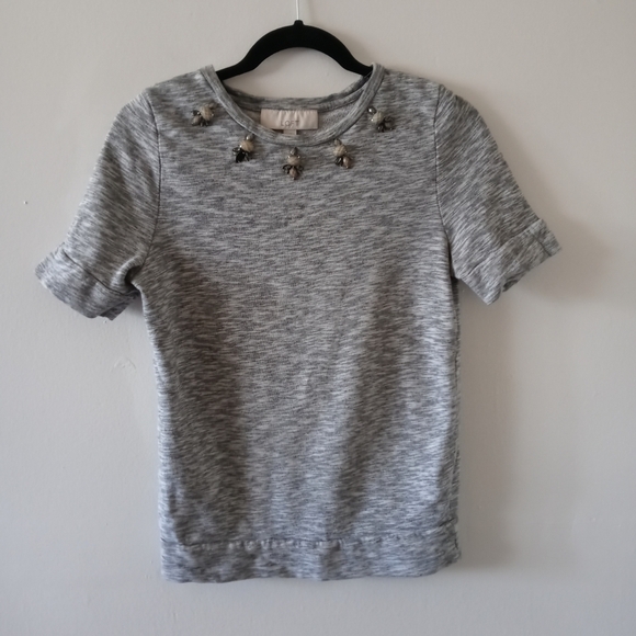 Ann Taylor LOFT Gray Jeweled Neckline  Embellished Short Sleeves Top - Picture 2 of 10